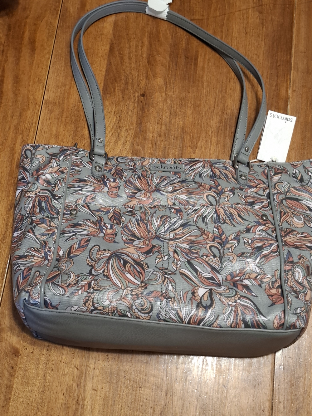 Sakroots Gray Floral Print Tote with Coral and Blue Accents